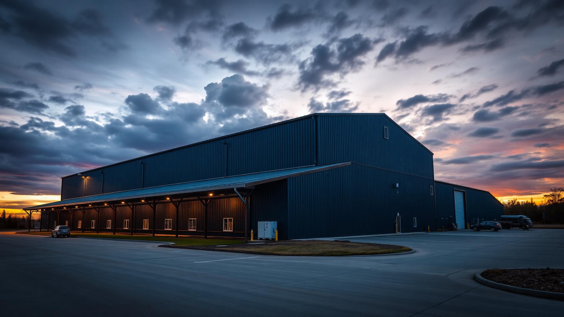 Large American-made commercial steel building at dusk